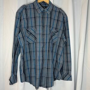 Alfani Blue Gray Plaid Button Down Dress Shirt Long Sleeve‎ Business Casual XL